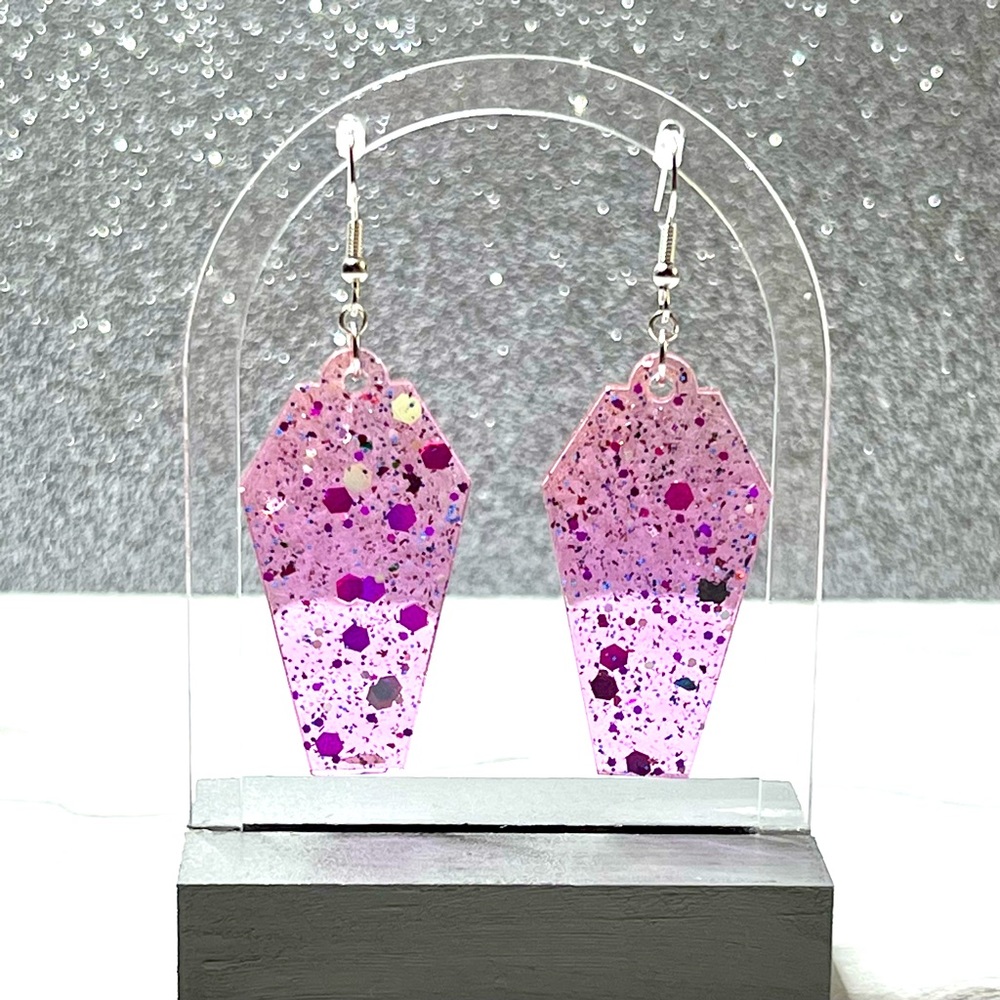 Girly Pink Glittery Coffin Shaped Dangle Earrings